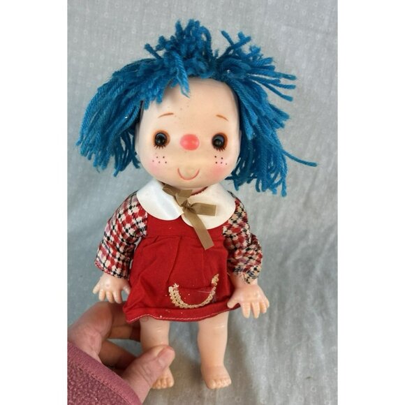 Vintage Hard Plastic Ice Cream Doll 8" Red Dress Blue Yarn Hair Hong Kong - Picture 1 of 5